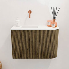 JOYA 61,6cm toiletmeubel ronding rechts kleur Dusk. Wastafel FAYE positie Links Zonder kraangat kleur Talc.