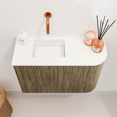 JOYA 61,6cm toiletmeubel ronding rechts kleur Dusk. Wastafel FAYE positie Links Zonder kraangat kleur Talc.