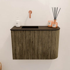 JOYA 61,6cm toiletmeubel ronding rechts kleur Dusk. Wastafel FAYE positie Links Zonder kraangat kleur Urban.