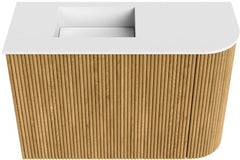 JOYA 61,6cm toiletmeubel ronding rechts kleur Oak. Wastafel FAYE positie Links Zonder kraangat kleur Talc.