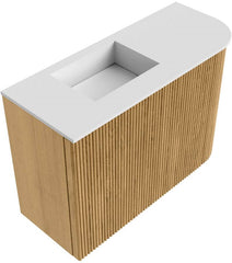 JOYA 61,6cm toiletmeubel ronding rechts kleur Oak. Wastafel FAYE positie Links Zonder kraangat kleur Talc.