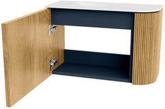 JOYA 61,6cm toiletmeubel ronding rechts kleur Oak. Wastafel FAYE positie Links Zonder kraangat kleur Talc.