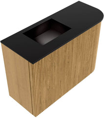 JOYA 61,6cm toiletmeubel ronding rechts kleur Oak. Wastafel FAYE positie Links Zonder kraangat kleur Urban.