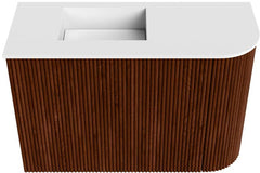 JOYA 61.6cm vanity unit, right curve, Ruby color. FAYE basin, left position, without tap hole, Talc color.