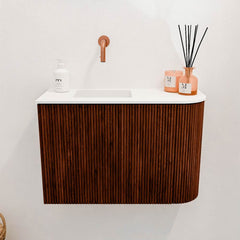 JOYA 61.6cm vanity unit, right curve, Ruby color. FAYE basin, left position, without tap hole, Talc color.