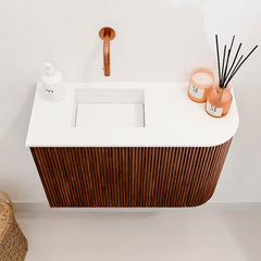JOYA 61.6cm vanity unit, right curve, Ruby color. FAYE basin, left position, without tap hole, Talc color.