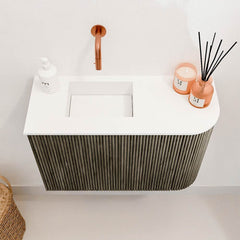 JOYA 61,6cm toiletmeubel ronding rechts kleur Shadow. Wastafel FAYE positie Links Zonder kraangat kleur Talc.