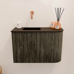 JOYA 61,6cm toiletmeubel ronding rechts kleur Shadow. Wastafel FAYE positie Links Zonder kraangat kleur Urban.