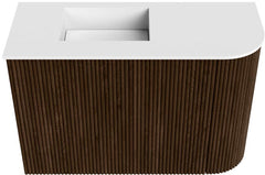 JOYA 61,6cm toiletmeubel ronding rechts kleur Walnut. Wastafel FAYE positie Links Zonder kraangat kleur Talc.