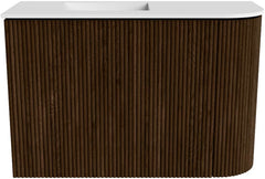 JOYA 61,6cm toiletmeubel ronding rechts kleur Walnut. Wastafel FAYE positie Links Zonder kraangat kleur Talc.