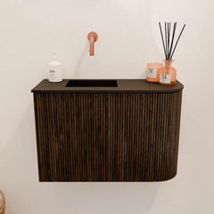 JOYA 61,6cm toiletmeubel ronding rechts kleur Walnut. Wastafel FAYE positie Links Zonder kraangat kleur Urban.