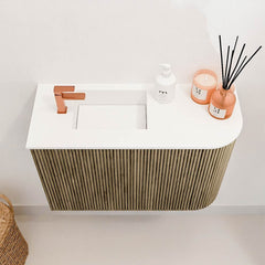 JOYA 61,6cm toiletmeubel ronding rechts kleur Dusk. Wastafel FAYE positie Links 1 kraangat kleur Talc.