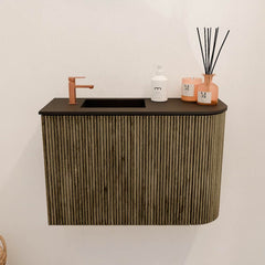 JOYA 61,6cm toiletmeubel ronding rechts kleur Dusk. Wastafel FAYE positie Links 1 kraangat kleur Urban.