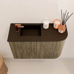 JOYA 61,6cm toiletmeubel ronding rechts kleur Dusk. Wastafel FAYE positie Links 1 kraangat kleur Urban.