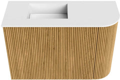 JOYA 61,6cm toiletmeubel ronding rechts kleur Oak. Wastafel FAYE positie Links 1 kraangat kleur Talc.