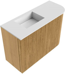 JOYA 61,6cm toiletmeubel ronding rechts kleur Oak. Wastafel FAYE positie Links 1 kraangat kleur Talc.