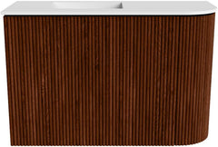 JOYA 61.6cm vanity unit with right curve, Ruby color. FAYE washbasin, Left position, 1 tap hole, Talc color.