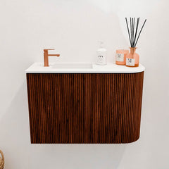 JOYA 61.6cm vanity unit with right curve, Ruby color. FAYE washbasin, Left position, 1 tap hole, Talc color.