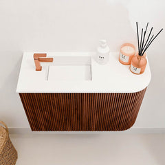 JOYA 61.6cm vanity unit with right curve, Ruby color. FAYE washbasin, Left position, 1 tap hole, Talc color.