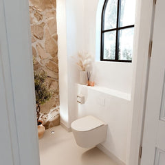 JOYA 61.6cm vanity unit with right curve, Ruby color. FAYE washbasin, Left position, 1 tap hole, Talc color.