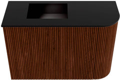 JOYA 61.6cm vanity unit, right curve, Ruby color. FAYE basin, left position, 1 tap hole, Urban color.