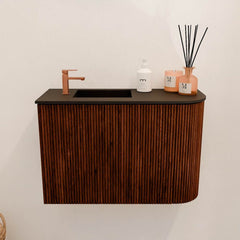 JOYA 61.6cm vanity unit, right curve, Ruby color. FAYE basin, left position, 1 tap hole, Urban color.
