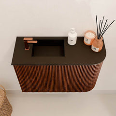 JOYA 61.6cm vanity unit, right curve, Ruby color. FAYE basin, left position, 1 tap hole, Urban color.