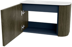 JOYA 61.6cm vanity unit, right-hand curve, Shadow colour. FAYE washbasin, left position, 1 tap hole, Talc colour.
