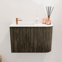 JOYA 61.6cm vanity unit, right-hand curve, Shadow colour. FAYE washbasin, left position, 1 tap hole, Talc colour.