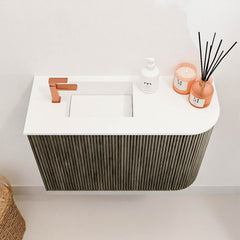JOYA 61.6cm vanity unit, right-hand curve, Shadow colour. FAYE washbasin, left position, 1 tap hole, Talc colour.