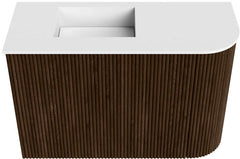 JOYA 61,6cm toiletmeubel ronding rechts kleur Walnut. Wastafel FAYE positie Links 1 kraangat kleur Talc.