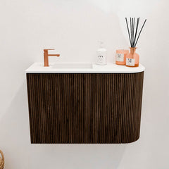 JOYA 61,6cm toiletmeubel ronding rechts kleur Walnut. Wastafel FAYE positie Links 1 kraangat kleur Talc.