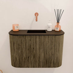 JOYA 63,2cm toiletmeubel ronding links + rechts kleur Dusk. Wastafel FAYE positie Midden Zonder kraangat kleur Urban.