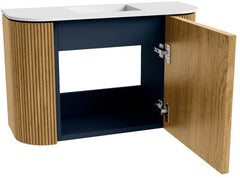 JOYA 63,2cm toiletmeubel ronding links + rechts kleur Oak. Wastafel FAYE positie Midden Zonder kraangat kleur Talc.