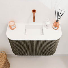 JOYA 63,2cm toiletmeubel ronding links + rechts kleur Shadow. Wastafel FAYE positie Midden Zonder kraangat kleur Talc.