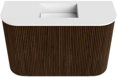 JOYA 63,2cm toiletmeubel ronding links + rechts kleur Walnut. Wastafel FAYE positie Midden Zonder kraangat kleur Talc.