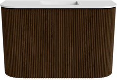 JOYA 63,2cm toiletmeubel ronding links + rechts kleur Walnut. Wastafel FAYE positie Midden Zonder kraangat kleur Talc.