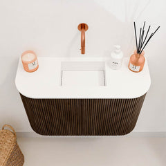 JOYA 63,2cm toiletmeubel ronding links + rechts kleur Walnut. Wastafel FAYE positie Midden Zonder kraangat kleur Talc.