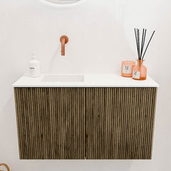 JOYA 70cm toiletmeubel kleur Dusk. Wastafel FAYE positie Links Zonder kraangat kleur Talc.