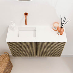 JOYA 70cm toiletmeubel kleur Dusk. Wastafel FAYE positie Links Zonder kraangat kleur Talc.