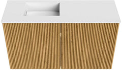 JOYA 70cm toiletmeubel kleur Oak. Wastafel FAYE positie Links Zonder kraangat kleur Talc.