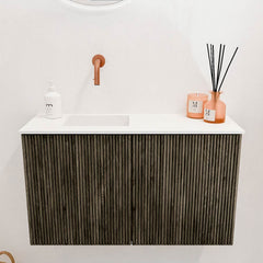 JOYA 70cm toiletmeubel kleur Shadow. Wastafel FAYE positie Links Zonder kraangat kleur Talc.