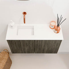 JOYA 70cm toiletmeubel kleur Shadow. Wastafel FAYE positie Links Zonder kraangat kleur Talc.