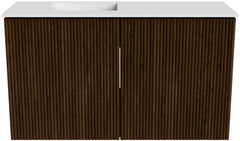 JOYA 70cm toiletmeubel kleur Walnut. Wastafel FAYE positie Links Zonder kraangat kleur Talc.