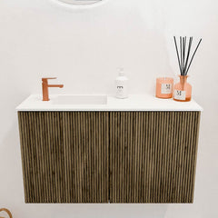 JOYA 70cm toiletmeubel kleur Dusk. Wastafel FAYE positie Links 1 kraangat kleur Talc.