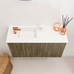 JOYA 70cm toiletmeubel kleur Dusk. Wastafel FAYE positie Links 1 kraangat kleur Talc.