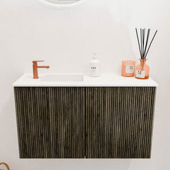 JOYA 70cm toiletmeubel kleur Shadow. Wastafel FAYE positie Links 1 kraangat kleur Talc.