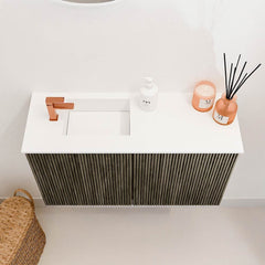 JOYA 70cm toiletmeubel kleur Shadow. Wastafel FAYE positie Links 1 kraangat kleur Talc.