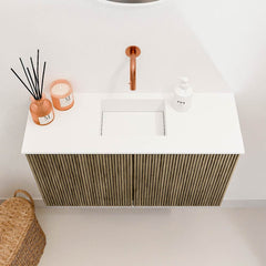 JOYA 70cm toiletmeubel kleur Dusk. Wastafel FAYE positie Midden Zonder kraangat kleur Talc.