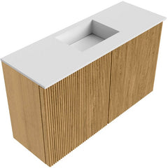 JOYA 70cm toiletmeubel kleur Oak. Wastafel FAYE positie Midden Zonder kraangat kleur Talc.